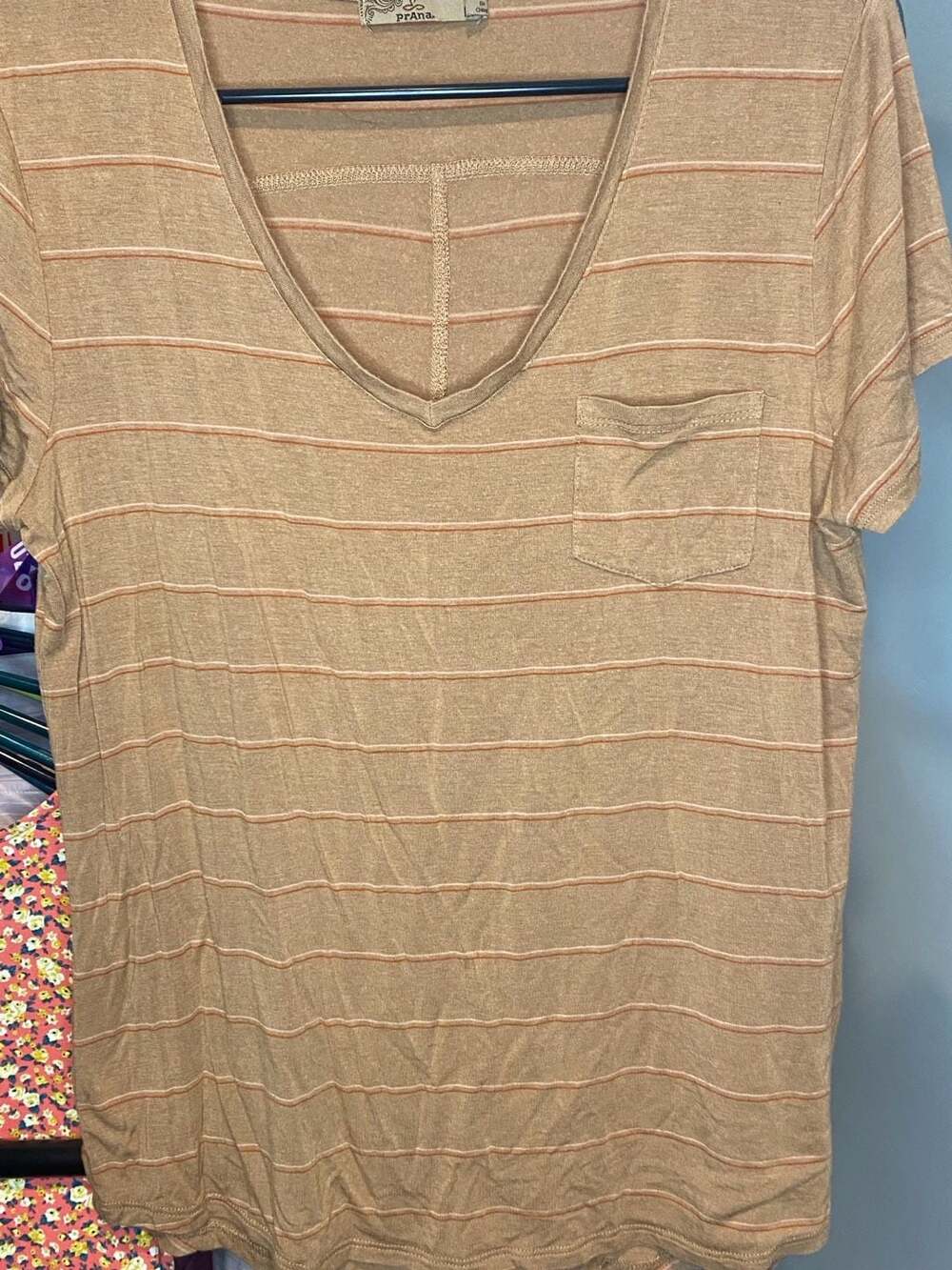 prAna Striped V-Neck Pocket T-Shirt Size M